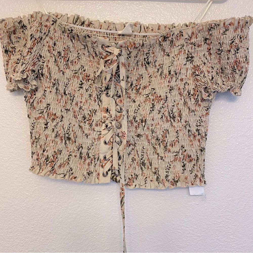 Beige tan micro floral smocked off shoulder crop top tube top Lace up festival L